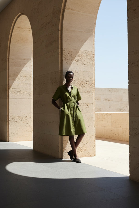 Olive Raglan Sleeve Trapeze Dress with Tie-Up