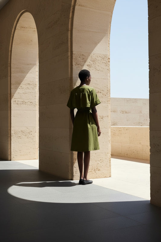 Olive Raglan Sleeve Trapeze Dress with Tie-Up