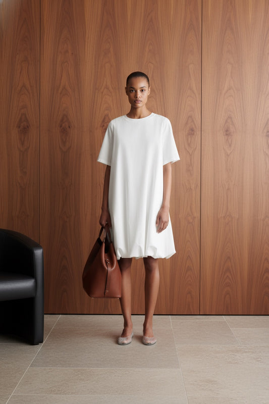 White Shift Dress with Bubbled Hem