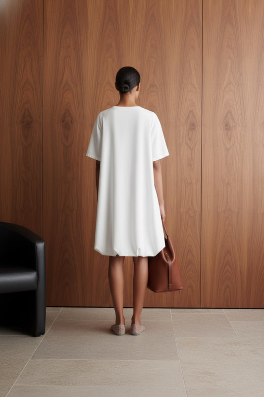 White Shift Dress with Bubbled Hem