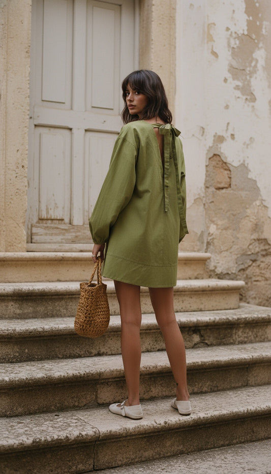 Olive V-Neck Dress with Back Tie-Up